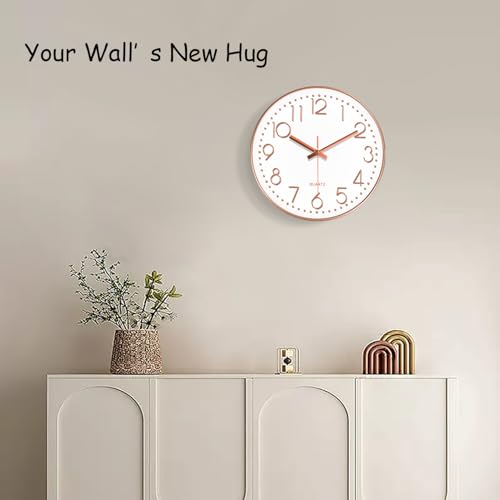 Image of Silent Wall Clocks Battery Operated 8 Inch, Analog Wall Clock with Oversized Number Tempered Glass Clock Face, Rose Gold Quartz Non Ticking Wall Clocks for Living Room Bedroom Kitchen Office