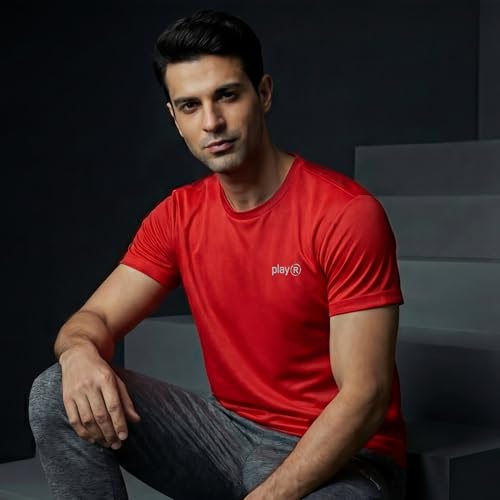 Image of playR Men's Polyester Adult Training Tee - Round Neck Half Sleeve Regular Fit DRIVENT, Lightweight Breathable Activewear for Gym Running Workout Yoga All Season