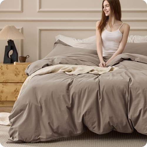 Bedsure 100% Washed Cotton Duvet Cover King Size - Light Brown Minimalist Bedding Set Linen Like - PureWoven Plain Simple & Soft Comforter Cover for All Seasons, 3 Pieces (Light Brown, King, 104'x90')