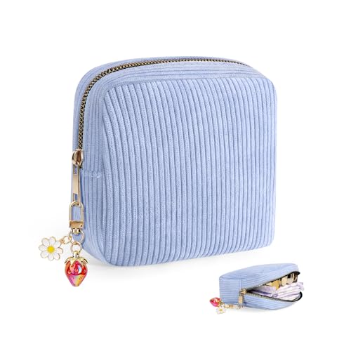 Image of Corduroy Period Pouch with Strawberry Charm Small Discreet Sanitary Napkin Storage Bag Cute Menstrual Pad Pouch Tampon Bag for Purse Zipper Makeup Bags for Women Blue