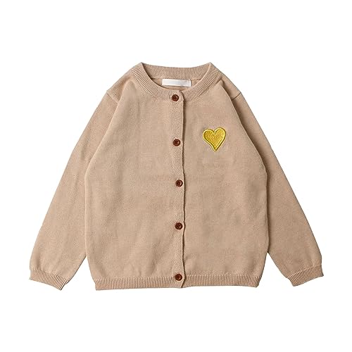 Toddler Boys Girls Sweater Solid Heart Embroideried Long Sleeve Knitted Cardigan Top Kids School (Khaki, 5-6 Years)