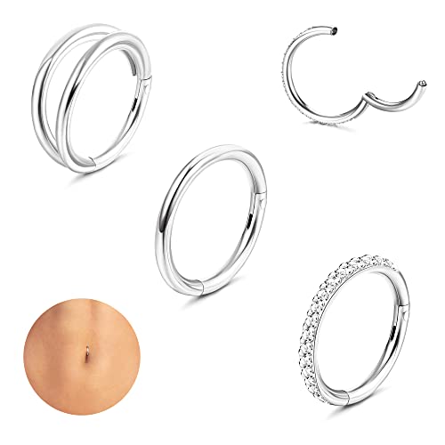 LOLIAS Belly Button Rings, Surgical Steel Hoop Navel Rings, Gold Silver Tone, CZ, 3Pcs