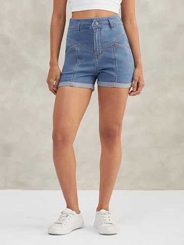 Image of Dolce Crudo Women's Relaxed Fit Mid-Rise Denim Shorts with Adjustable Waist & Frayed Hem