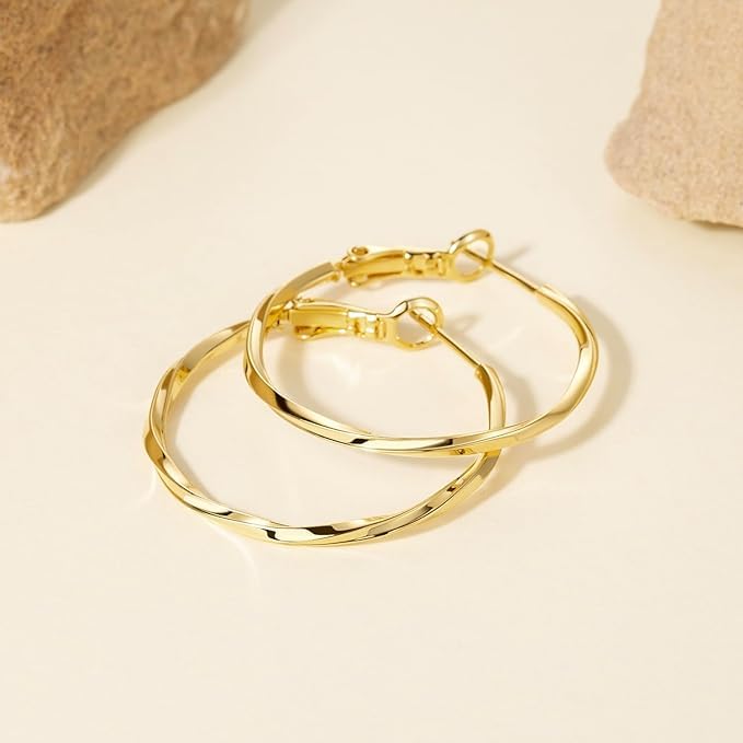14K Gold Hoop Earrings for Women, Twisted Large Hoops, Trendy Dainty Thin Hypoallergenic Earrings (30mm*2mm)4