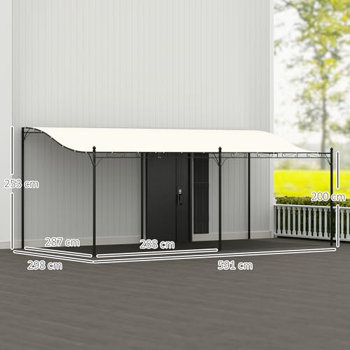 Outsunny Pérgola de Pared 6x3 m Cenador Gazebo con Techo de Poliéster Impermeable y Estructura Metálica Pabellón para Patio Terraza Balcón Crema - imagen 7