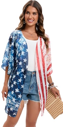 Image of DDSOL Women's American Flag Kimono Cover up Beachwear Cardigan Loose Tops Shirt Blouse