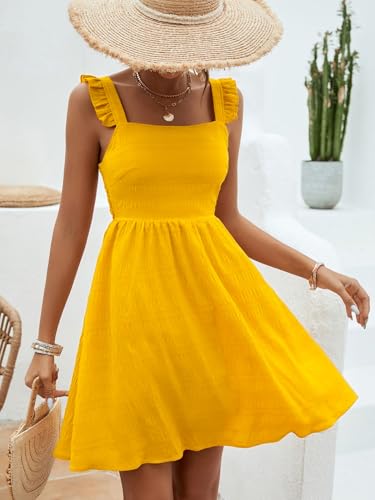 Image of SISKIN Women's Summer Spaghetti Strap Sleeveless Square Neck Ruffle A Line Swing Mini Dress 2025