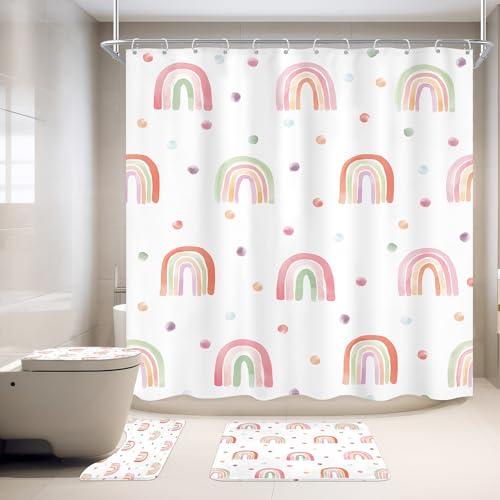 Image of Kids Girls Rainbow Shower Curtain Set Cute Girly Pink Bathroom Set | 4 PCS Bathroom Sets With 72Wx72H Inch Shower Curtain Non-Slip Bath Rug Toilet Lid Cover U Shape Mat