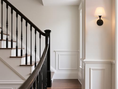 Image of PERMO Wall Sconces Set of 2 Antique Black Sconce Hardwired | Sconce Set of Two with 6.3 inch High White Fabric Lampshade Wall Light for Bedroom Hallway Bathroom Stairs Kitchen