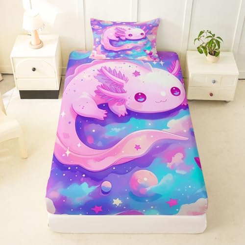 Image of jejeloiu Cute Axolotl Bed Sheets Sets Twin Size Kids Boys Girls Galaxy Planet Space Bedding Set Cartoon Animal Bed Sheet Set with 16-Inch Deep Pockets Pink Dreamy Starry 3Pcs with 1 Pillow Cases
