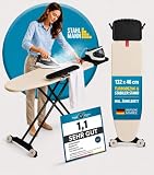 STAHLMANN® Premium Bügelbrett [132 x 46 cm] – Bügelbrett für Dampfbügelstation [integriertes Ärmelbrett] [100% Baumwolle Turbobezug] – höhenverstellbar mit Rollen [Made in EU]