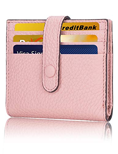 Leather Credit Card Wallet for Women RFID Blocking Slim Wallet Card Holder Wallets with Snap Minimalist Front Pocket for Women Pink Pebble Leather