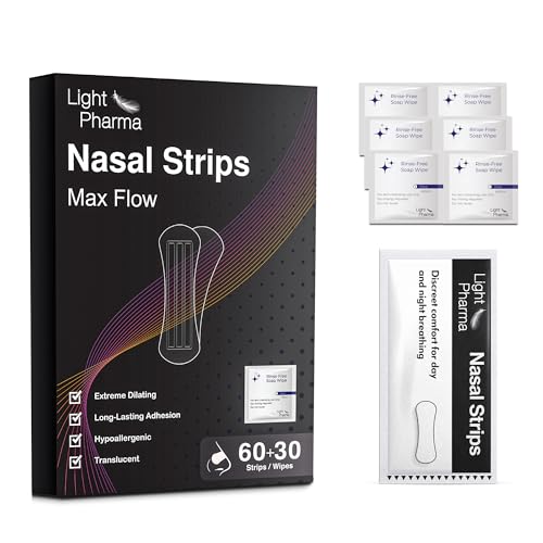 60 Nasal Strips Nose Tape for Day and Night Breathing Translucent Nasal Strips with Rinse-Free Soap Towelettes Firm Hold & Extreme Dilating Reduce Snoring Improve Breathing