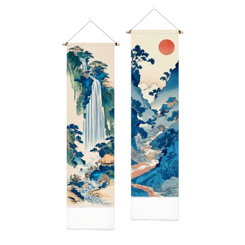 Tenture verticale Japonaise Ukiyo-e PLIGREAT lot de 2 tapisseries murales longues style gravure