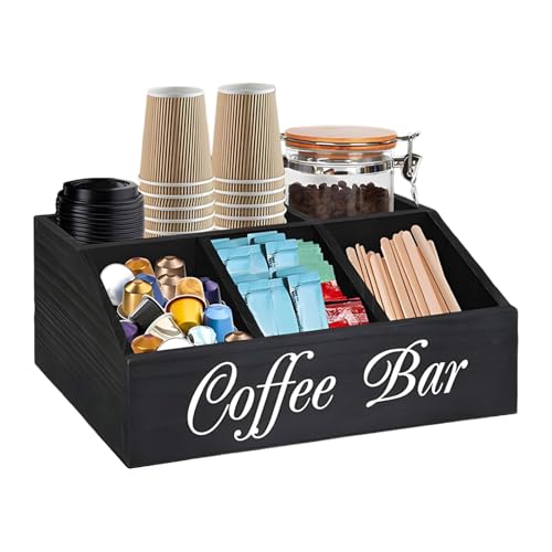 Moreeulsi Organizador de estación de café, C-offee Condiment S-tation, accesorios de bar y encimera Zer, estante de madera, Cof-fee Statio-n O-rOrganizer con separadores extraíbles