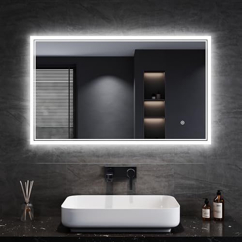 SONNI Espejo de Baño con Iluminación, 100 x 60 cm, Espejo de Baño Antivaho con Iluminación, Espejo Luminoso con Interruptor Táctil, Blanco Frío, 6400 K, Espejo de Pared, IP44 Interruptor de Pared