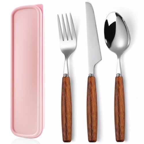 Juego de Vajilla para Acampar, Cubiertos Portátiles Cubiertos Viaje Acero Inoxidable,Cubiertos para Llevar con Tenedor Cuchara Cuchillo estuche cubiertos para llevar al Trabajo,Camping (Rosa)