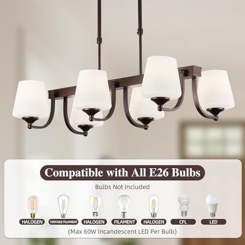 Image of Dining Room Light Fixture Chandelier Over Table,6 Light Kitchen Island Lighting Hanging for Farmhouse Linear Chandeliers Oil Rubbed Bronze Rustic Ceiling Pendant Light with Frosted Glass Shade
