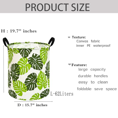Image of Kids Laundry Hamper Clothes Gift Basket Storage Laundry Baskets Organizer Bin with Handles for Nursery Room (Green Leaf)
