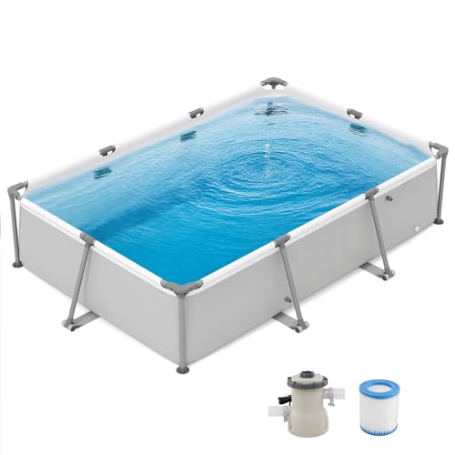 GOPLUS 3701 L Piscina Desmontable Rectangular con Depuradora, 300 x 207 x 66 cm, Swimming Pool Grande para 3-5 Adultos y Infantils o Familiar con Soporte Tubular Metálico para Terraza (Blanco)