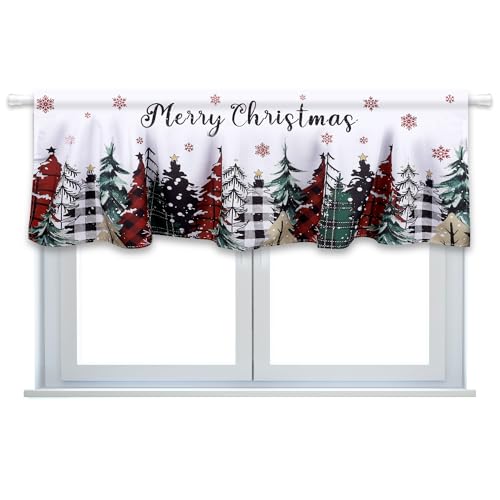 lasuroa Rideau Court Noël, 137x45cm Sapin de Noël Flocon de Neige Voilages Fenêtres Cuisine avec Passe-Tringle Hiver Cantonnière de Noël pour Salle de Bain Chambre à Coucher