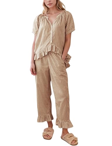 Flygo Womens Plaid 2 Piece Pajamas Sets Gingham Button Down Puff Sleeve Babydoll Shirt Ruffle Pants Y2K Pjs Lounge Set