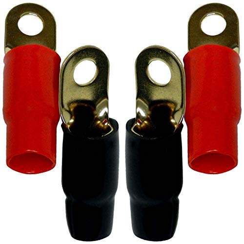 Bass Rockers 0 Gauge AWG Gold Plated Crimp Ring Terminals - Amplifier Car Audio Accessories - Power Ground Wire Battery Cable Connectors - TR0G 4pcs Red & Black
