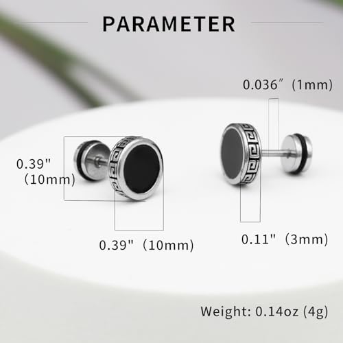 2025 Best【Hypoallergenic Earrings for Men】-18G Flat Mens Surgical Steel Black Stud Earring 10mm (0.4")-【For Sensitive Skin & New Piercings】 Textured Brick Design Pair 0.28oz Men's jewelry-Para Hombre2