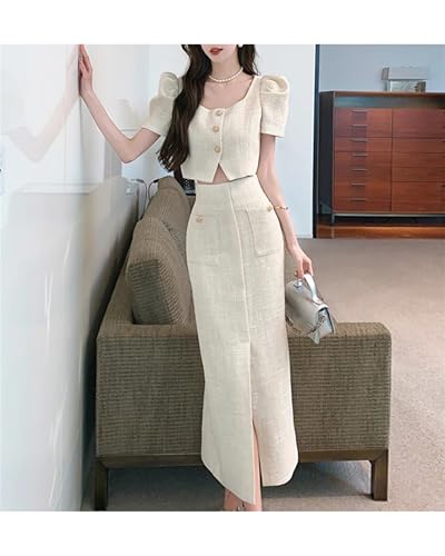 Women's Chic Summer Two Piece Set Square Collar Puff Sleeve Crop Top And High Waist Bodycon Skirts Suit2