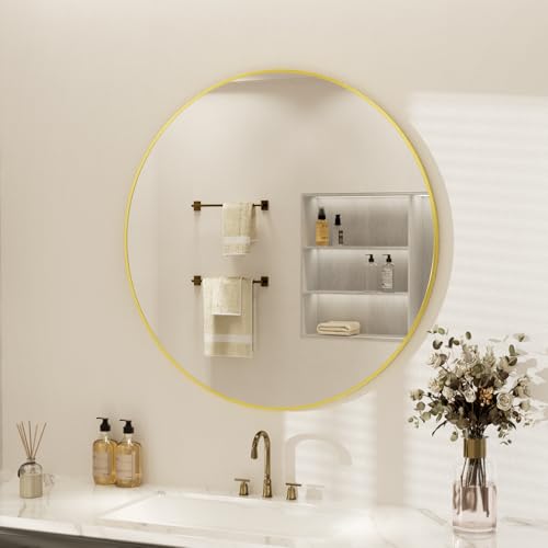 Image of Round Bathroom Mirror 24 inch, Gold Framed Tempered Glass Circle Wall Mirrors, Circular Hanging Wall Mounted Aluminum Alloy Frame for Living Room,Vanity,Entryway
