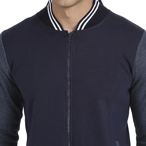 Image of Campus Sutra Men's Navy Blue Zip-Front Jacket With Contrast Striped Hem For Casual Wear | Low-High Neck | Long Sleeve | Zipper Closure | Cotton Jacket Crafted With Comfort Fit For Regular Wear