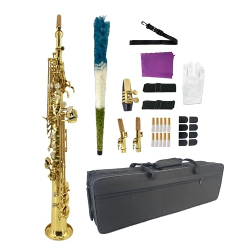 WUQIMUSC Saxofón soprano recto Bb, acabado lacado dorado, diseño ergonómico con funda, boquilla, correa para el cuello y accesorios, ideal para principiantes y jugadores avanzados