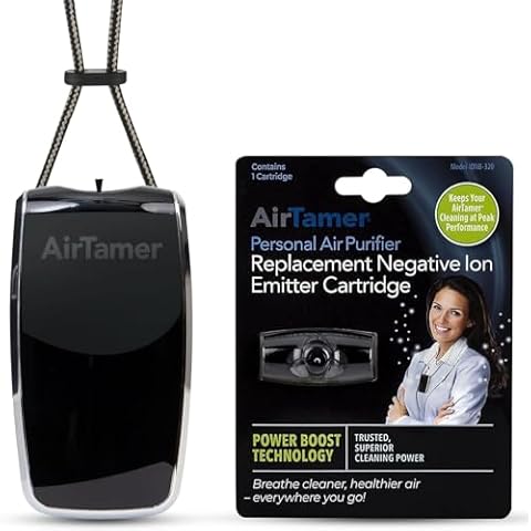 AirTamer A320 Rechargeable Personal Air Purifier with Replacement Negative Ion Emitter Cartridge and Leather Travel Case (Black) Cover