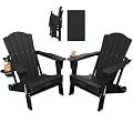 THOEOE Folding Adirondack Chair Set of 2,HDPE All-Weather Outdoor Chair with Cup Holder,Wooden Textured,Fire Pit Chair,Plastic Patio Chair for Deck,Backyard,Garden,Lawn, Black