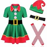 Yizhe Woman Christmas Elf Costume Set,Elf Outfit for Girls Kids Christmas Gift Holiday Dress Up Clothes with Hat Socks Belts