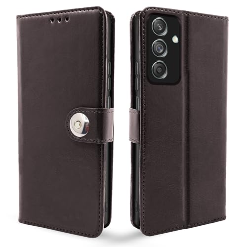 Image of Pikkme Flip Cover Leather Finish | Inside TPU with Card Pockets | Wallet Stand and Shock Proof | Complete Protection Button Flip Case for Samsung Galaxy M55 5G / M55s 5G / F55 5G (Coffee)