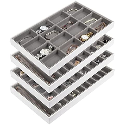 JACKCUBE DESIGN Stackable Synthetic Leather Jewelry Trays Organizer Jewelry Storage Display Earring Necklace Bracelet Ring Organizer for Drawer (Set of 4, White)- MK212-2ABCD Cover