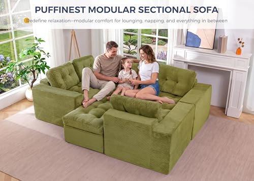 Image of MAXYOYO Modular Sectional Sofa with Ottoman and Loveseat, Cloud Boneless Couch with Layered Cushion, Flexible Module Combination Sofa for Living Room, No Assembly Required,Green