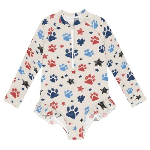 4th of July Paw Prints Stars Girls Long Sleeve Swimsuit Rash Guard One Piece Bathing Suits Zipper 3-12T