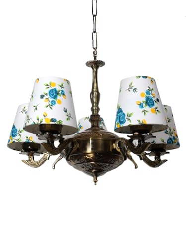 Image of Devansh 05 Lights Printed conical Cotton Shade with Antique Golden Chandelier -B