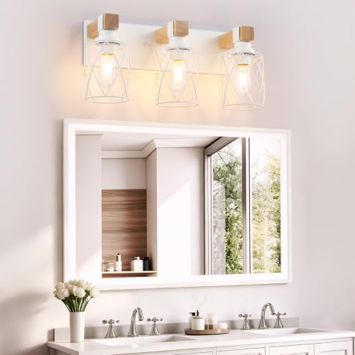 Image of Farmhouse 3-Light Wood Bathroom Vanity Light, White Metal Cage Shade | Mounted Over Mirror, Industrial Rustic Style, Ideal for Bathroom, Bedroom, Hallway & Living Room, Easy To Install