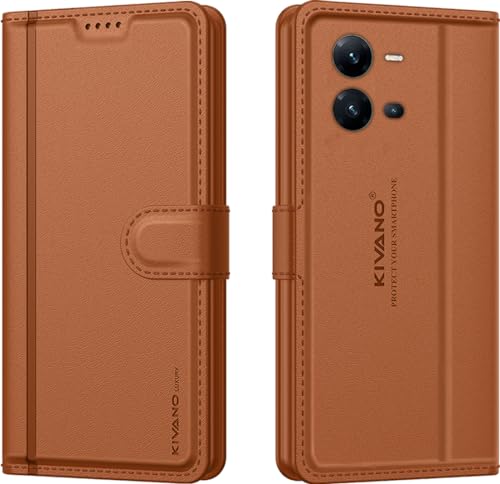 Image of KIVANO LUXE Compatible for Vivo V25 5G Luxury Handmade Leather Magnetic Flip Folio Case | Card Holder & Kickstand | Slim Protective Cover | Unisex - Brown