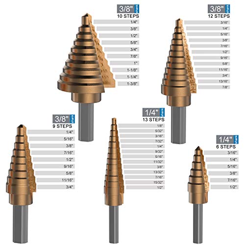 NOUVCOO 5PCS HSS Cobalt Titanium Step Drill Bit Set Tools, High Speed Steel Total 50 Sizes with Aluminum Case NC03