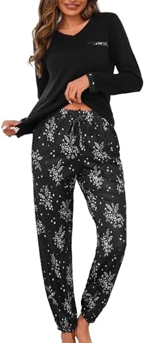 Jahetuul Schlafanzug Damen Langarm Pyjama Baumwolle lang Nachtwäsche Pyjamas Set Baumwolle Lounge Set Schlafanzüge für Damen Pyjamahose mit Bündchen