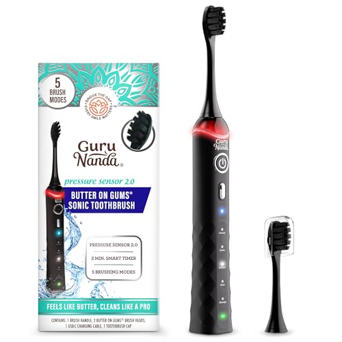 GuruNanda Pressure Sonic 2.0 Electric Toothbrush with Butter On Gums Bristles Smart Pressure Sensor 5 Modes 2-Min Timer 55-Day Rechargeable Battery IPX7 Waterproof Black