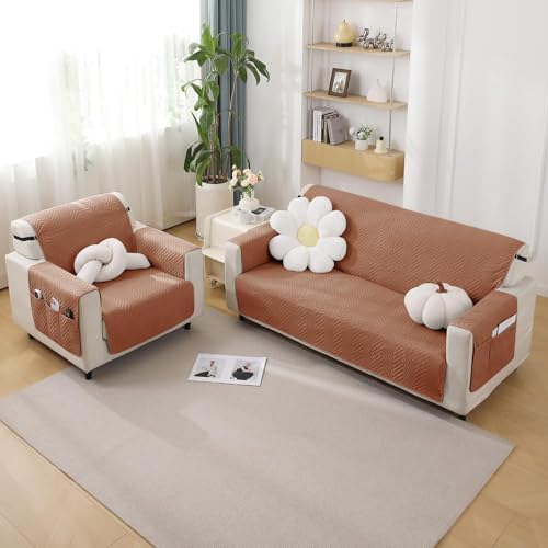 Image of HOKIPO 3 Seater Quilted Sofa Cover with Pockets, Brown (NEW3-803-BRN)
