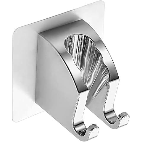 JONKEAN Chrome Handheld Shower Head Holder with 2 Hanger Hooks, Strong Adhesive Shower Head Holder, Adjustable Shower Wand Holder Wall Mount, Bathroom Waterproof Shower Handle Holder No Drill Need Cover