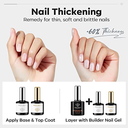 Image of modelones Builder Nail Gel with Gel Top Coat, 3Pcs Clear Builder Nail Kit for Thickening Apex Building Extension Rhinestone Gel Tips Glue, U /V LED Lamp Cured for Home DIY Salon Girls (Pack of 2)