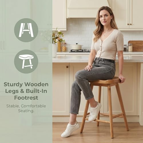 Image of HNY Backless Counter Height Bar Stools Set of 6, 24'' Modern Counter Stool Rustic Farmhouse Wooden Saddle Stools Ergonomic-Seat Barstool Chairs, Bar Height Stools for Kitchen Counter Island, Brown