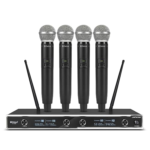 D Debra D-440 UHF 4-Channel Wireless Microphone System with 4 Cordless Handheld Mics, Perfect for Karaoke, Weddings, Churches, Stages, DJs & Outdoor Events, 300 Ft Range (4 Mics)